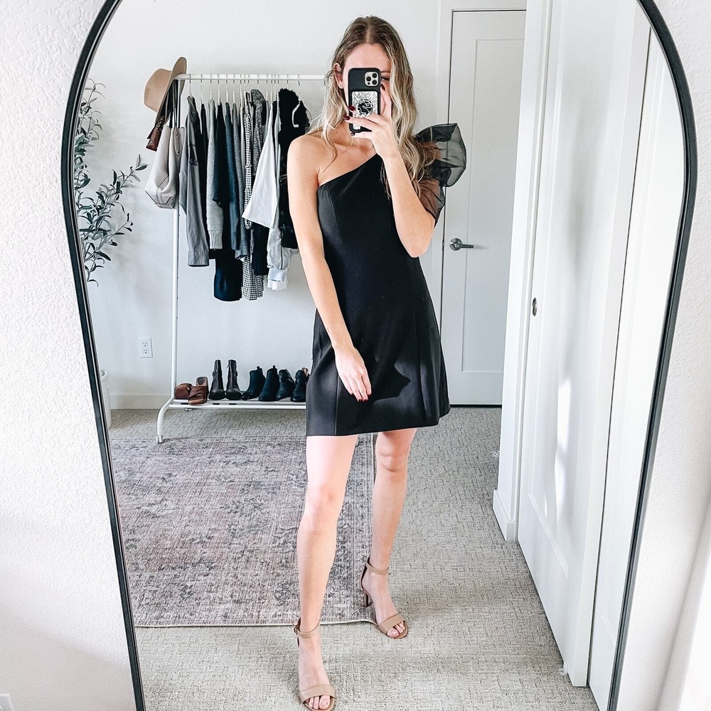 CINQ A SEPT One Shoulder Tulle Puff Sleeve Black Mini‎ Dress